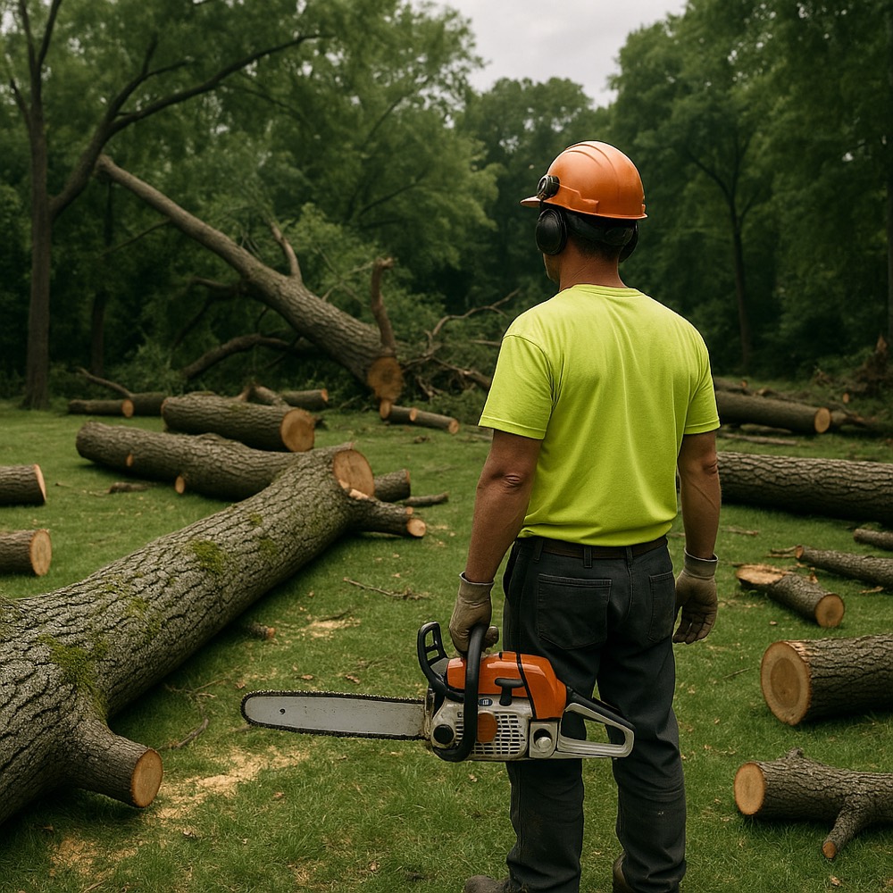 Tree service worker surveying a yard full of downed trees